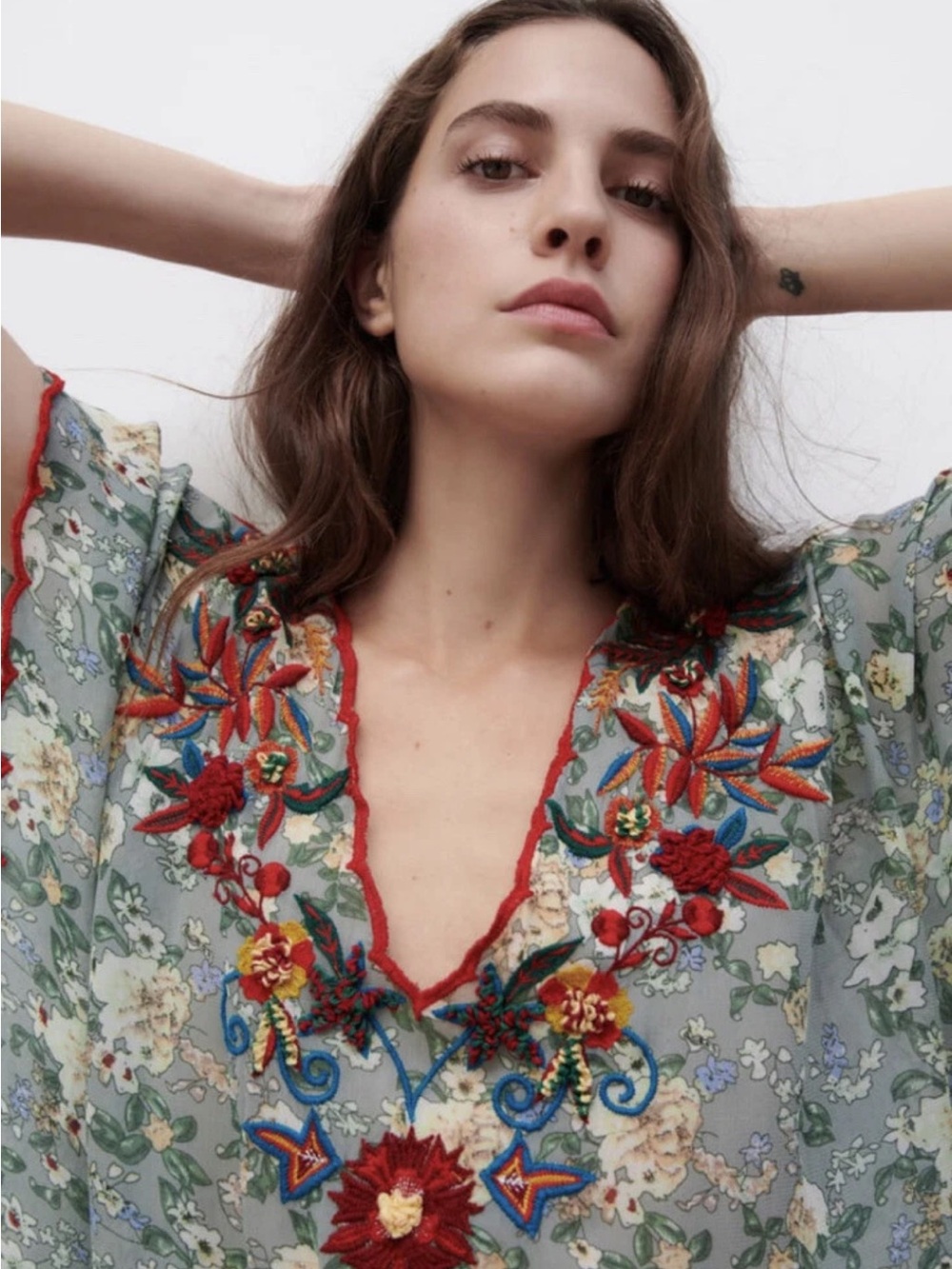 Zara Bohemian Embroidered Midi Tunic Dress with V-neck Size XS - Picture 2 of 10